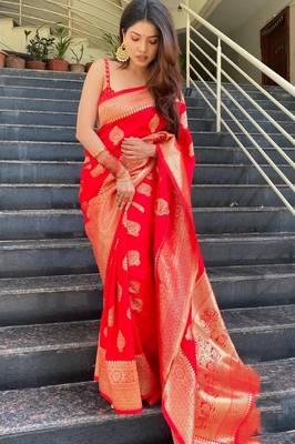 red silk blend banarasi saree with unstitched blouse piece 1