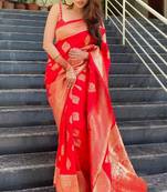 red soft art silk banarasi jacuard work designer party wear saree with unstitched blouse piece