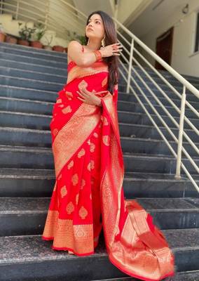 red silk blend banarasi saree with unstitched blouse piece 2