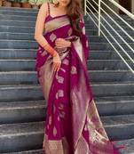 wine soft art silk banarasi jacuard work designer party wear saree with unstitched blouse piece