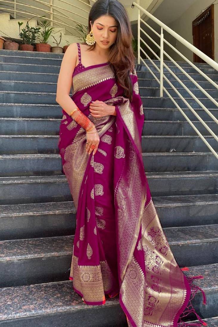 wine soft art silk banarasi jacuard work designer party wear saree with unstitched blouse piece