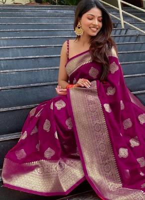 wine silk blend banarasi saree with unstitched blouse piece 3