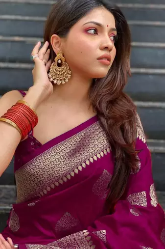 wine soft art silk banarasi jacuard work designer party wear saree with unstitched blouse piece