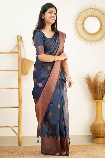 blue silk blend banarasi saree with unstitched blouse piece