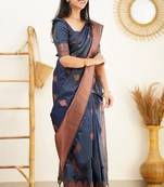 blue soft art silk banarasi jacuard work designer party wear saree with unstitched blouse piece
