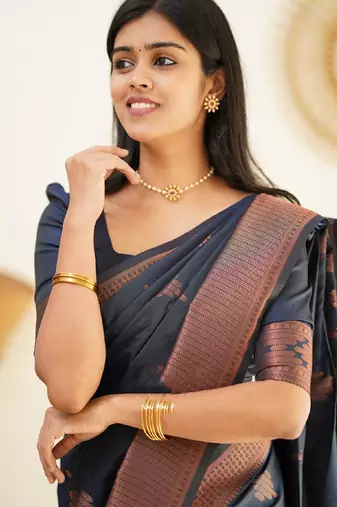 blue silk blend banarasi saree with unstitched blouse piece