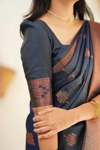 blue silk blend banarasi saree with unstitched blouse piece