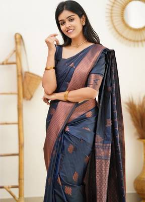 blue silk blend banarasi saree with unstitched blouse piece 1