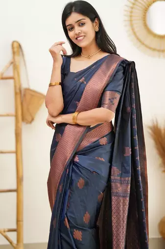 blue soft art silk banarasi jacuard work designer party wear saree with unstitched blouse piece