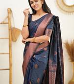 blue silk blend banarasi saree with unstitched blouse piece