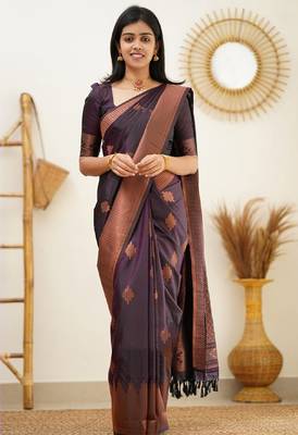 purple silk blend banarasi saree with unstitched blouse piece 2