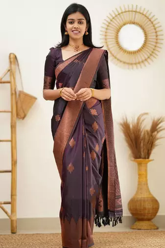 purple silk blend banarasi saree with unstitched blouse piece