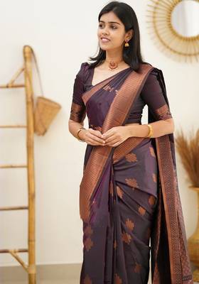 purple silk blend banarasi saree with unstitched blouse piece 1