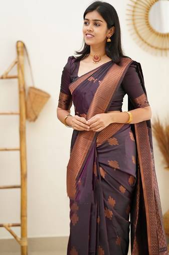 purple soft art silk banarasi jacuard work designer party wear saree with unstitched blouse piece