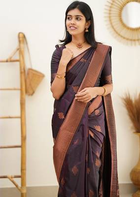 purple silk blend banarasi saree with unstitched blouse piece 3
