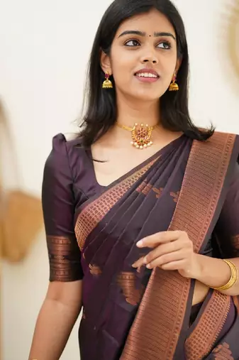 purple silk blend banarasi saree with unstitched blouse piece