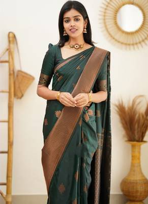 green silk blend banarasi saree with unstitched blouse piece 1