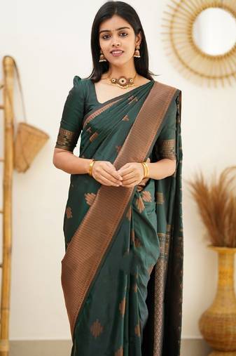 green soft art silk banarasi jacuard work designer party wear saree with unstitched blouse piece