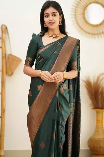 green soft art silk banarasi jacuard work designer party wear saree with unstitched blouse piece