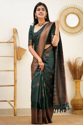 green silk blend banarasi saree with unstitched blouse piece 2