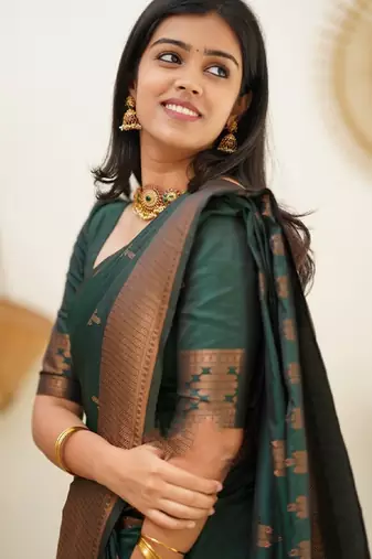 green silk blend banarasi saree with unstitched blouse piece