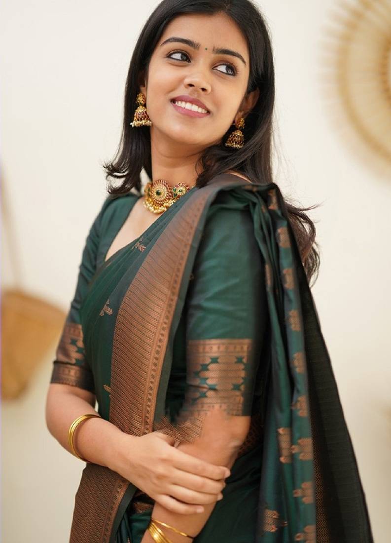 green soft art silk banarasi jacuard work designer party wear saree with unstitched blouse piece