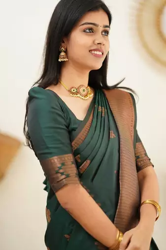 green silk blend banarasi saree with unstitched blouse piece