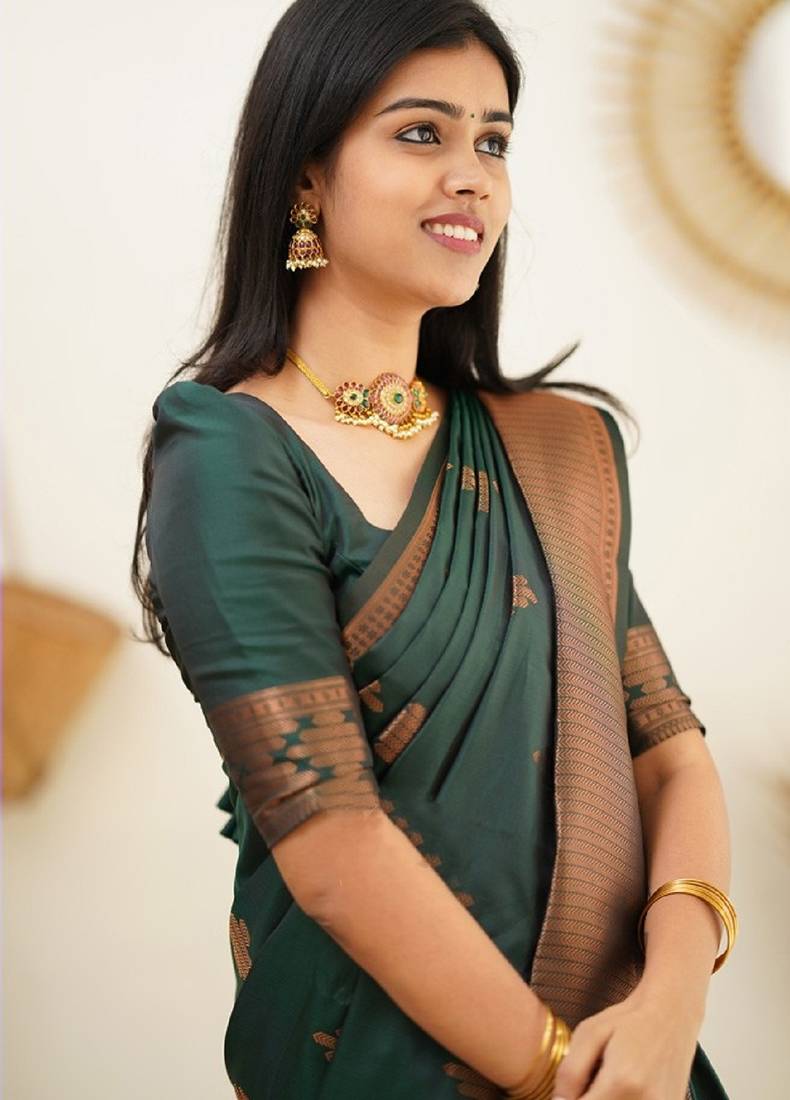 green soft art silk banarasi jacuard work designer party wear saree with unstitched blouse piece