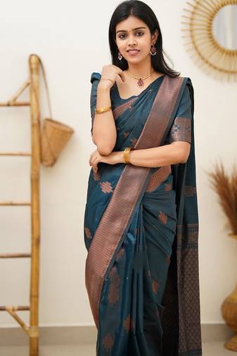 morpich soft art silk banarasi jacuard work designer party wear saree with unstitched blouse piece