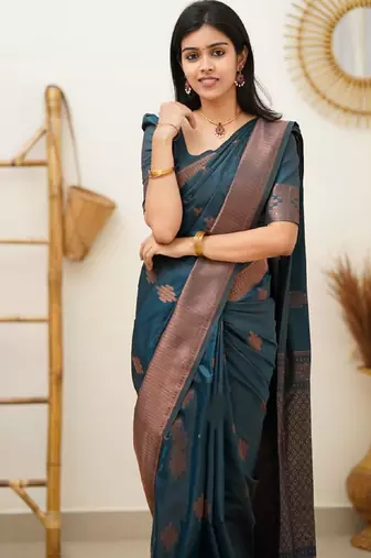 morpich soft art silk banarasi jacuard work designer party wear saree with unstitched blouse piece