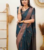 morpich soft art silk banarasi jacuard work designer party wear saree with unstitched blouse piece