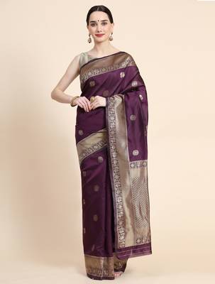 purple silk blend banarasi saree with unstitched blouse piece 2