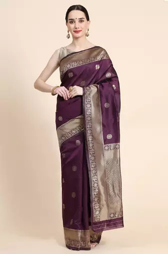 purple silk blend banarasi saree with unstitched blouse piece