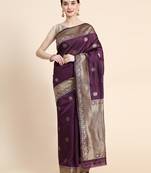 purple soft art silk banarasi jacuard work designer party wear saree with unstitched blouse piece