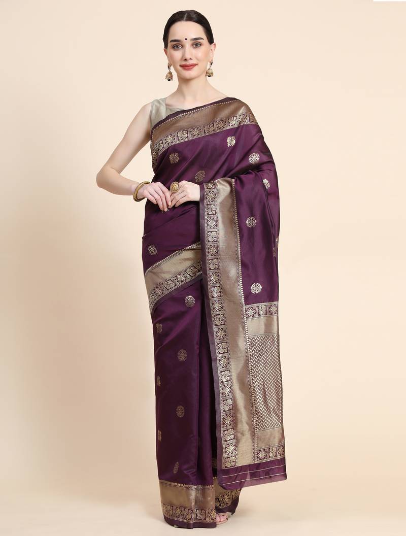 purple soft art silk banarasi jacuard work designer party wear saree with unstitched blouse piece