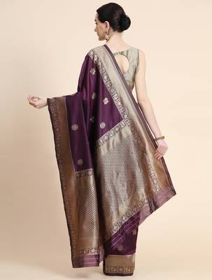 purple silk blend banarasi saree with unstitched blouse piece 3