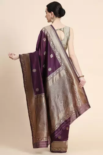 purple silk blend banarasi saree with unstitched blouse piece