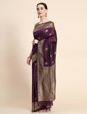 purple silk blend banarasi saree with unstitched blouse piece 4