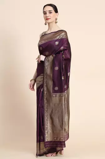 purple silk blend banarasi saree with unstitched blouse piece