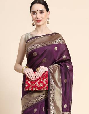 purple silk blend banarasi saree with unstitched blouse piece 1