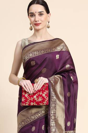 purple soft art silk banarasi jacuard work designer party wear saree with unstitched blouse piece