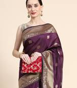 purple silk blend banarasi saree with unstitched blouse piece