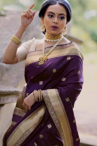 purple soft art silk banarasi jacuard work designer party wear saree with unstitched blouse piece