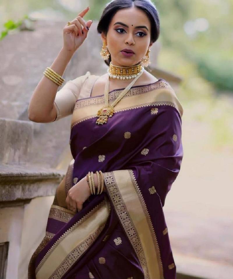 purple soft art silk banarasi jacuard work designer party wear saree with unstitched blouse piece