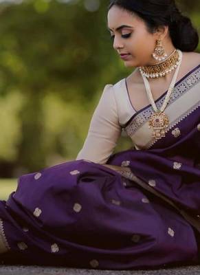purple silk blend banarasi saree with unstitched blouse piece 2