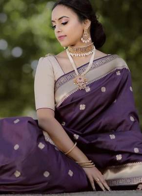 purple silk blend banarasi saree with unstitched blouse piece 3