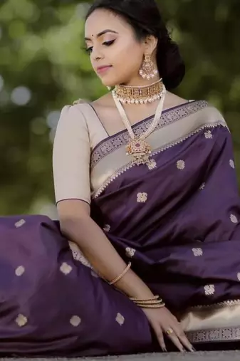 purple soft art silk banarasi jacuard work designer party wear saree with unstitched blouse piece