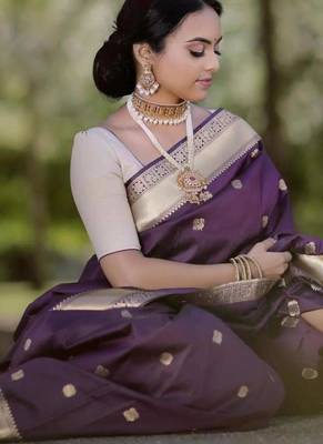 purple silk blend banarasi saree with unstitched blouse piece 4