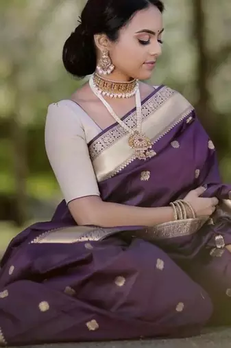 purple soft art silk banarasi jacuard work designer party wear saree with unstitched blouse piece