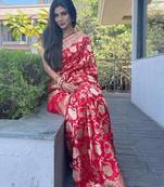 red soft art silk banarasi jacuard work designer party wear saree with unstitched blouse piece